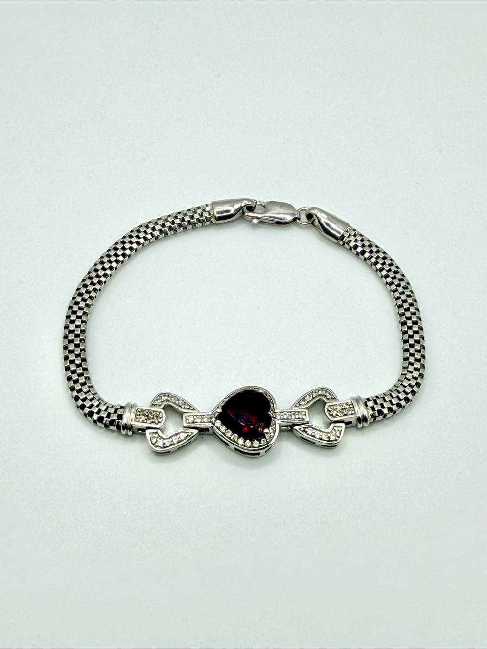 925 Sterling Silver Red Heart Stone CZ Bracelet 8.25” 14g BBJ B015